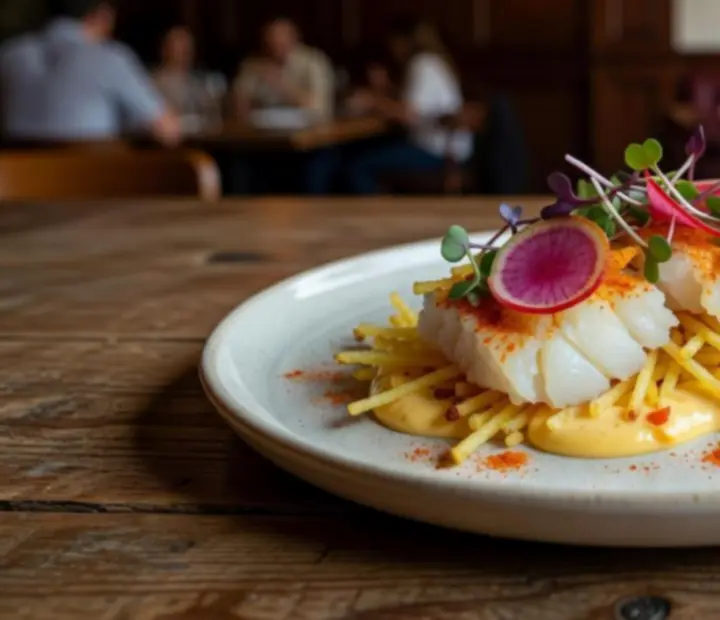 Prato de destaque do chef com apresentação gastronómica elegante.
