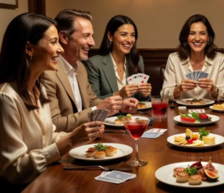 Grupo de amigos a jogar póquer recreativo num ambiente de restaurante
