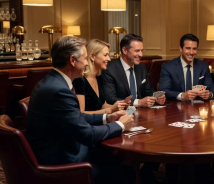 Grupo de amigos a jogar póquer de forma descontraída numa sala elegante